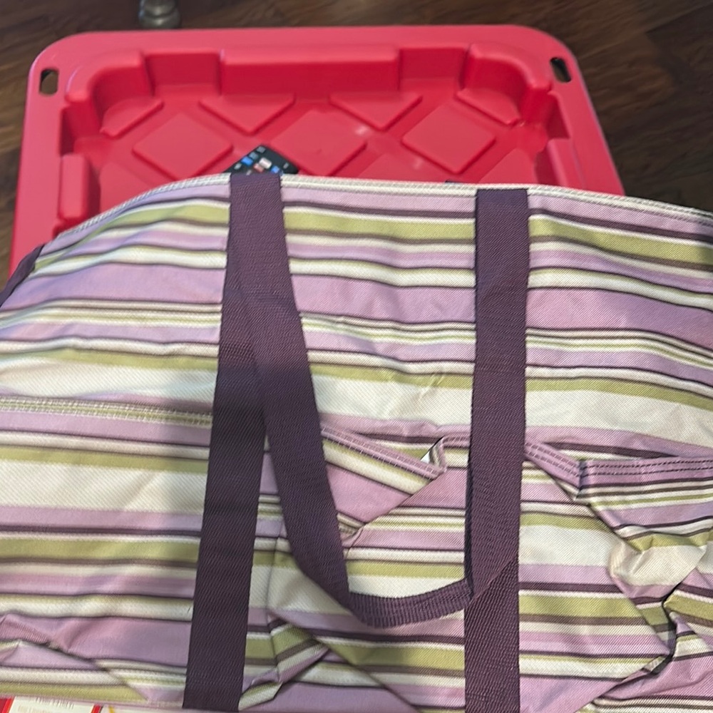 Striped Tote Bag with Purple Handles